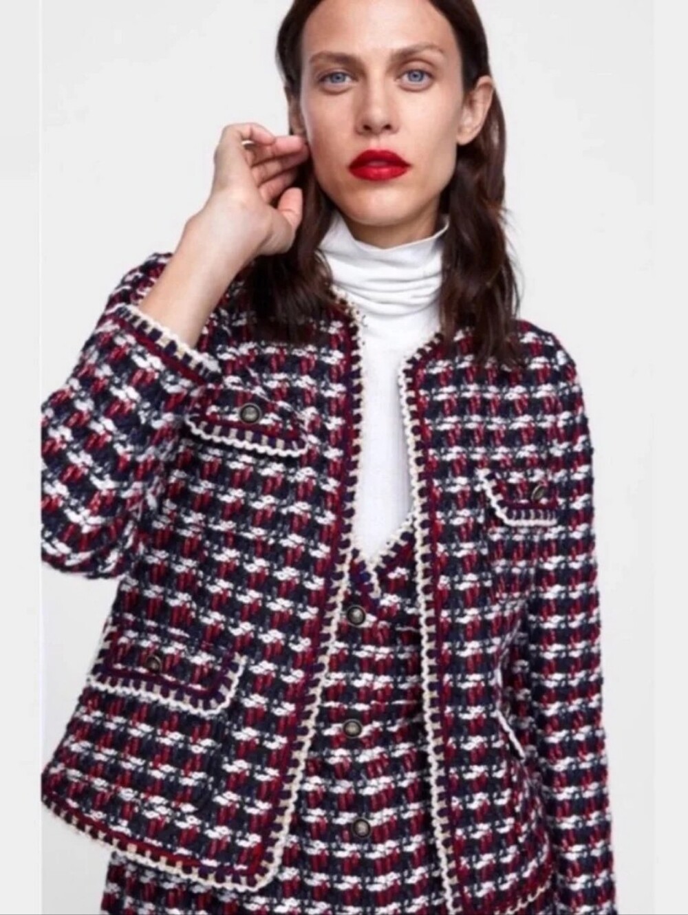Zara Navy Blue Red Tweed Blazer Jacket Structured Open Front Button Medium